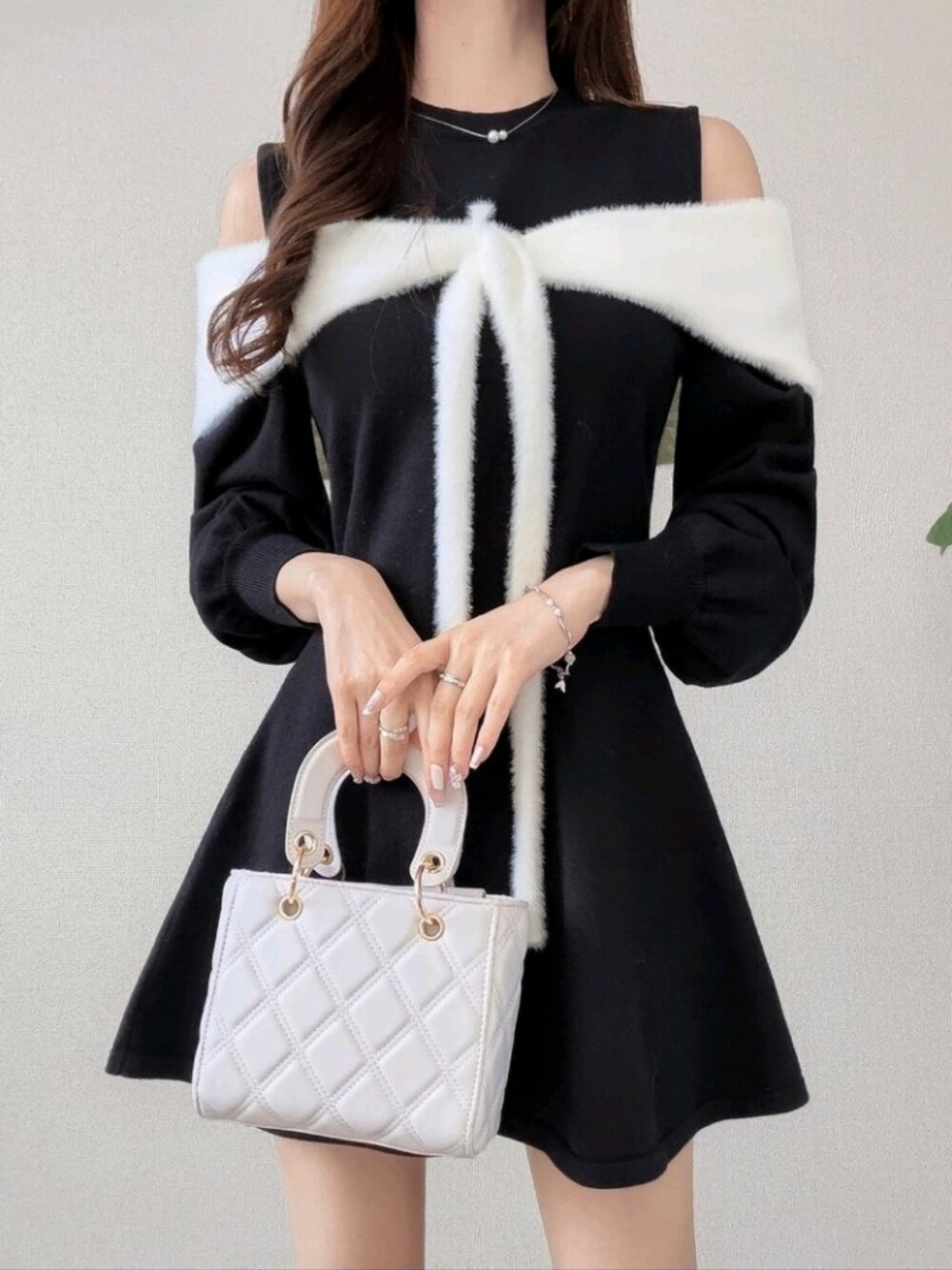 Women's Colorblock Cold Shoulder Long Sleeve Elegant Knit Dress Autumn Dinner
